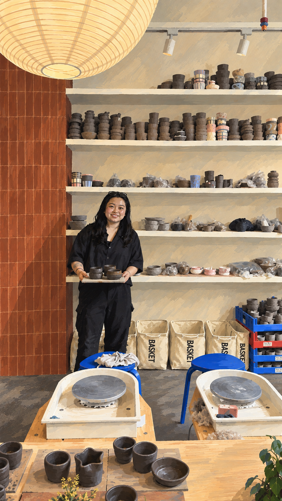 Rez in a pottery studio, holding a tray of small bowls
