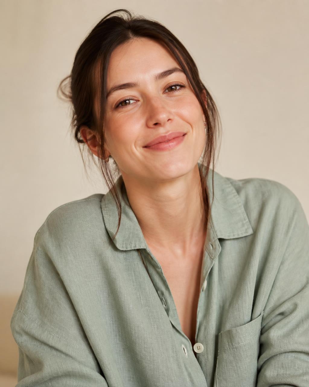 Portrait of Rez in a sage linen shirt, smiling gently