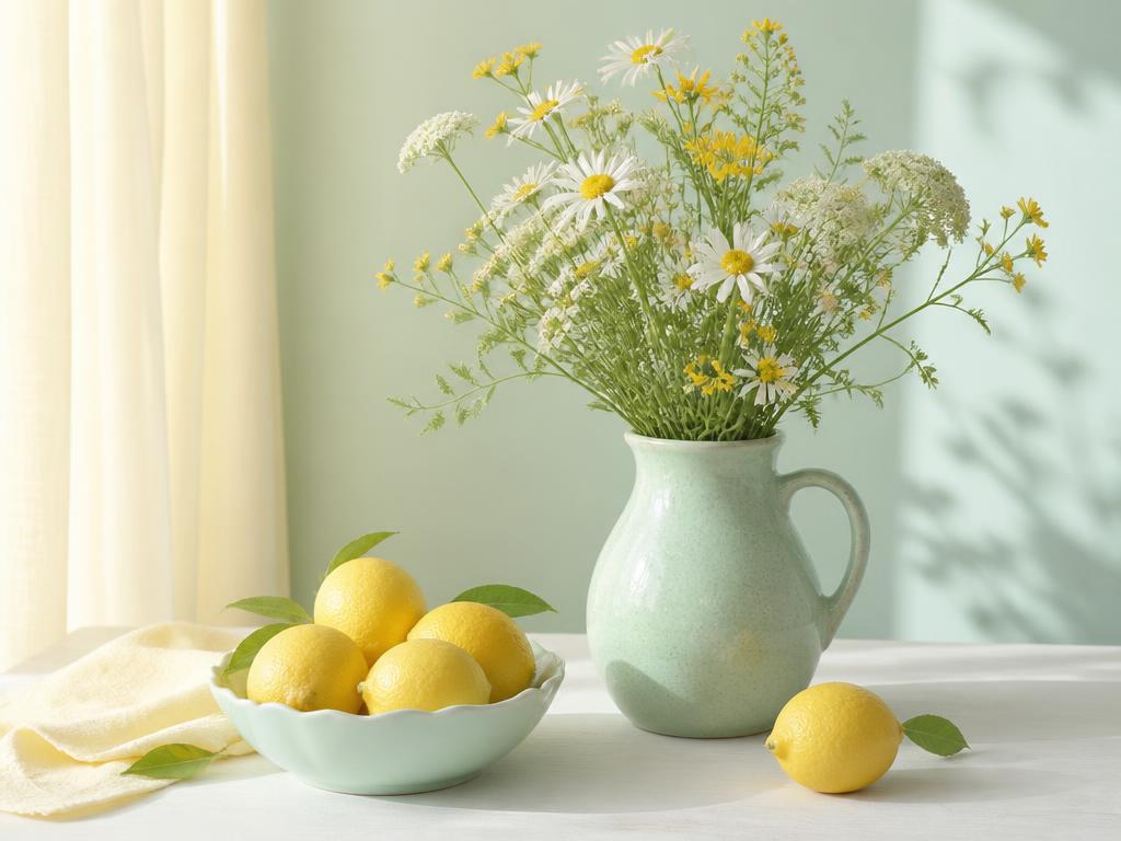 Lemons in a pale green bowl beside a ceramic pitcher of wildflowers in soft daylight